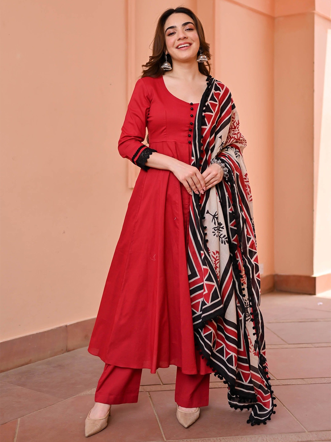 

Bunaai Cotton Anarkali Kurta with Pyjamas & Dupatta, Red
