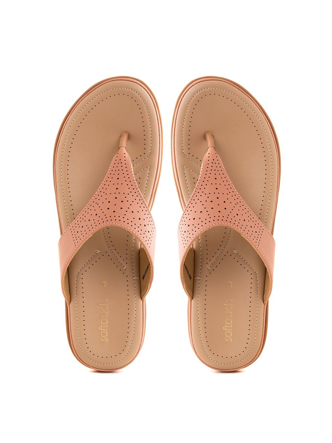 

Khadims Women T-Strap Flats With Laser-Cut Details, Peach