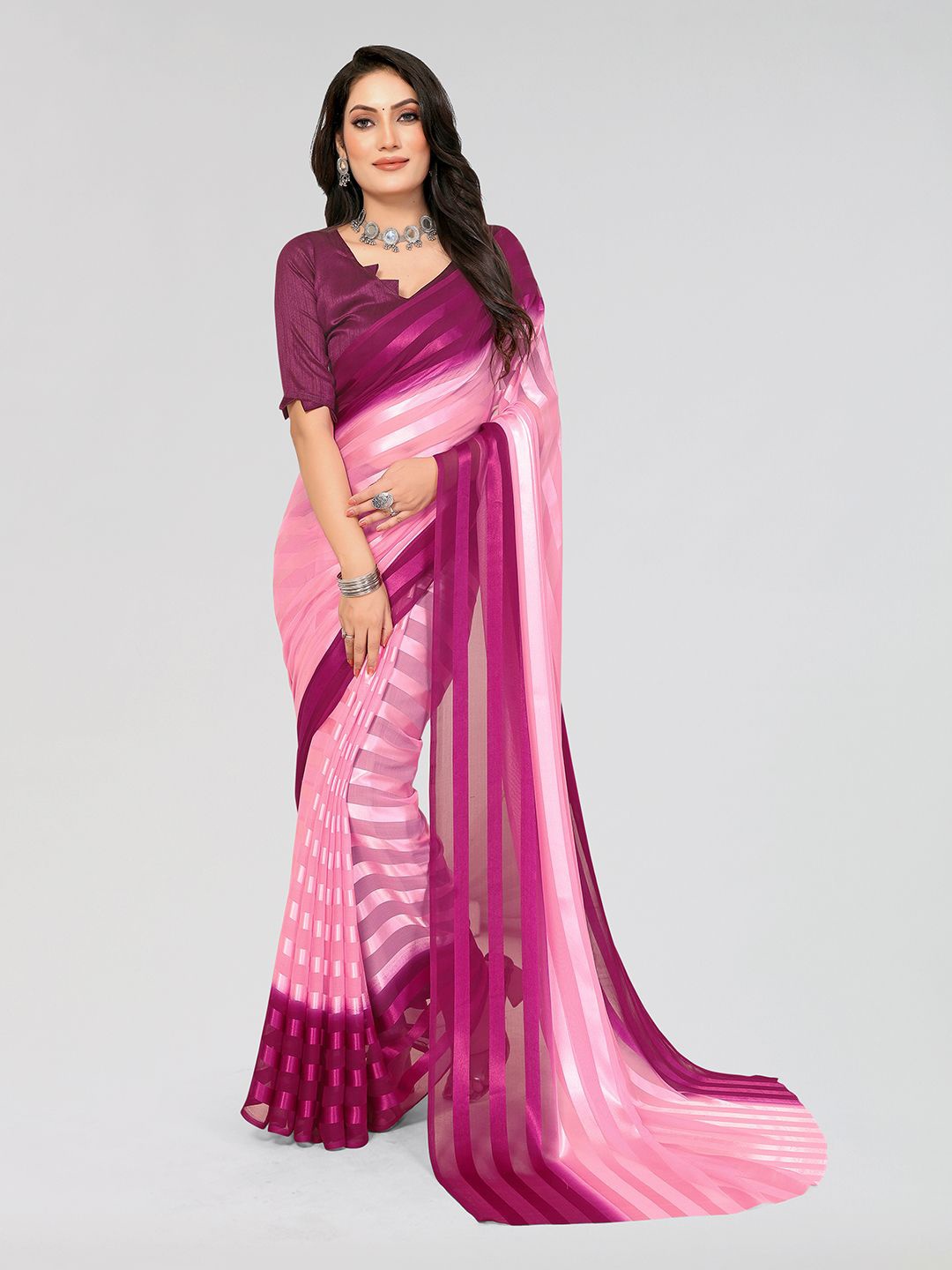 

Moda Rapido Striped Saree With Unstitched Blouse Piece, Purple