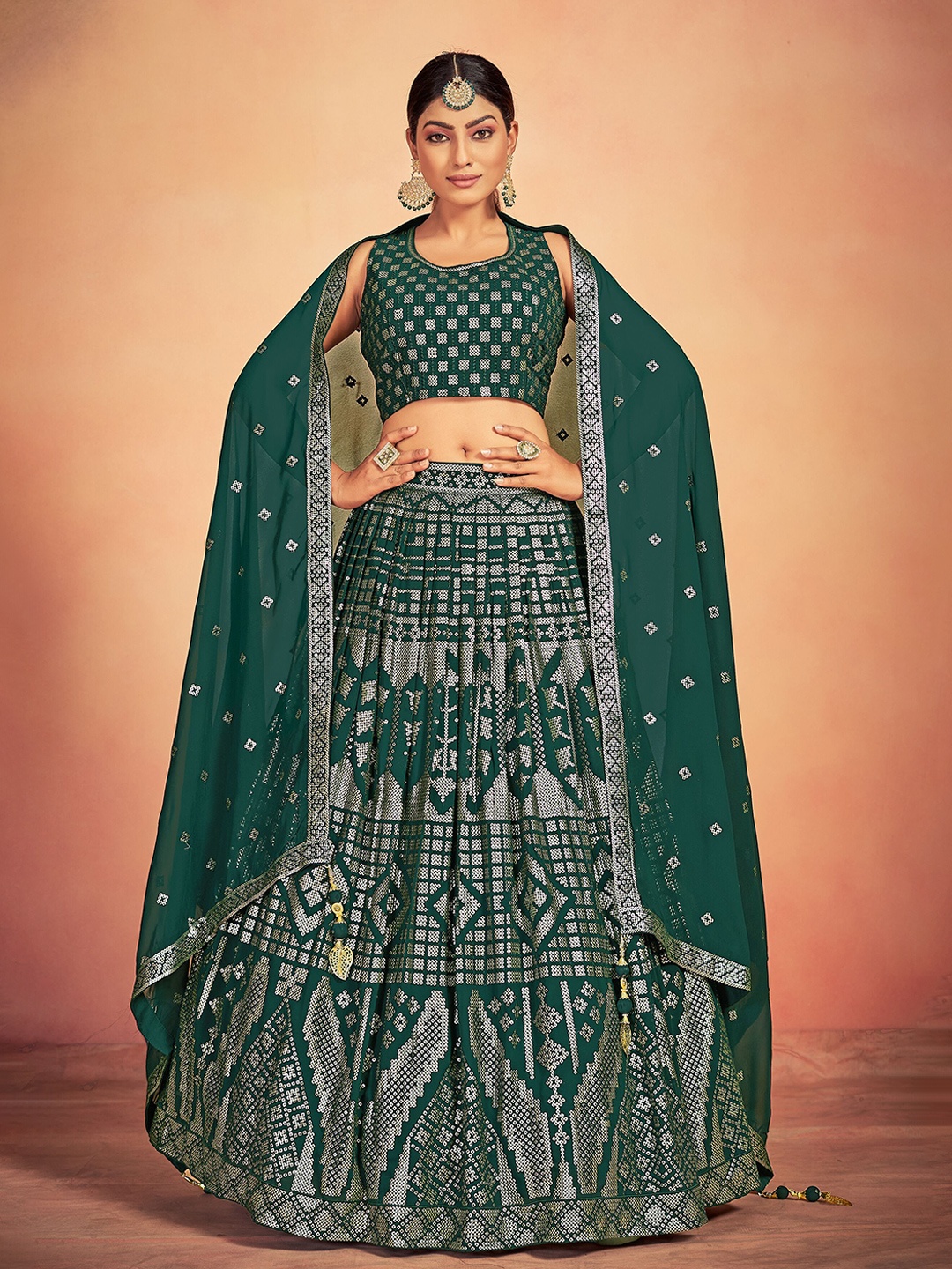 

VANAKARA Embroidered Sequinned Ready to Wear Lehenga & Blouse With Dupatta, Green