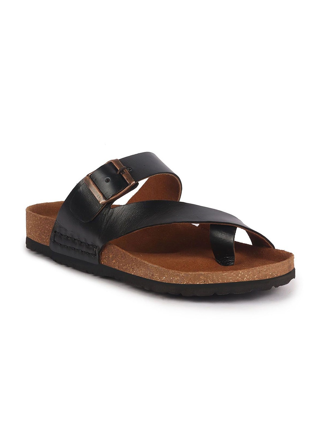 

FAUSTO Men Leather Comfort Sandals With Buckle Details, Black