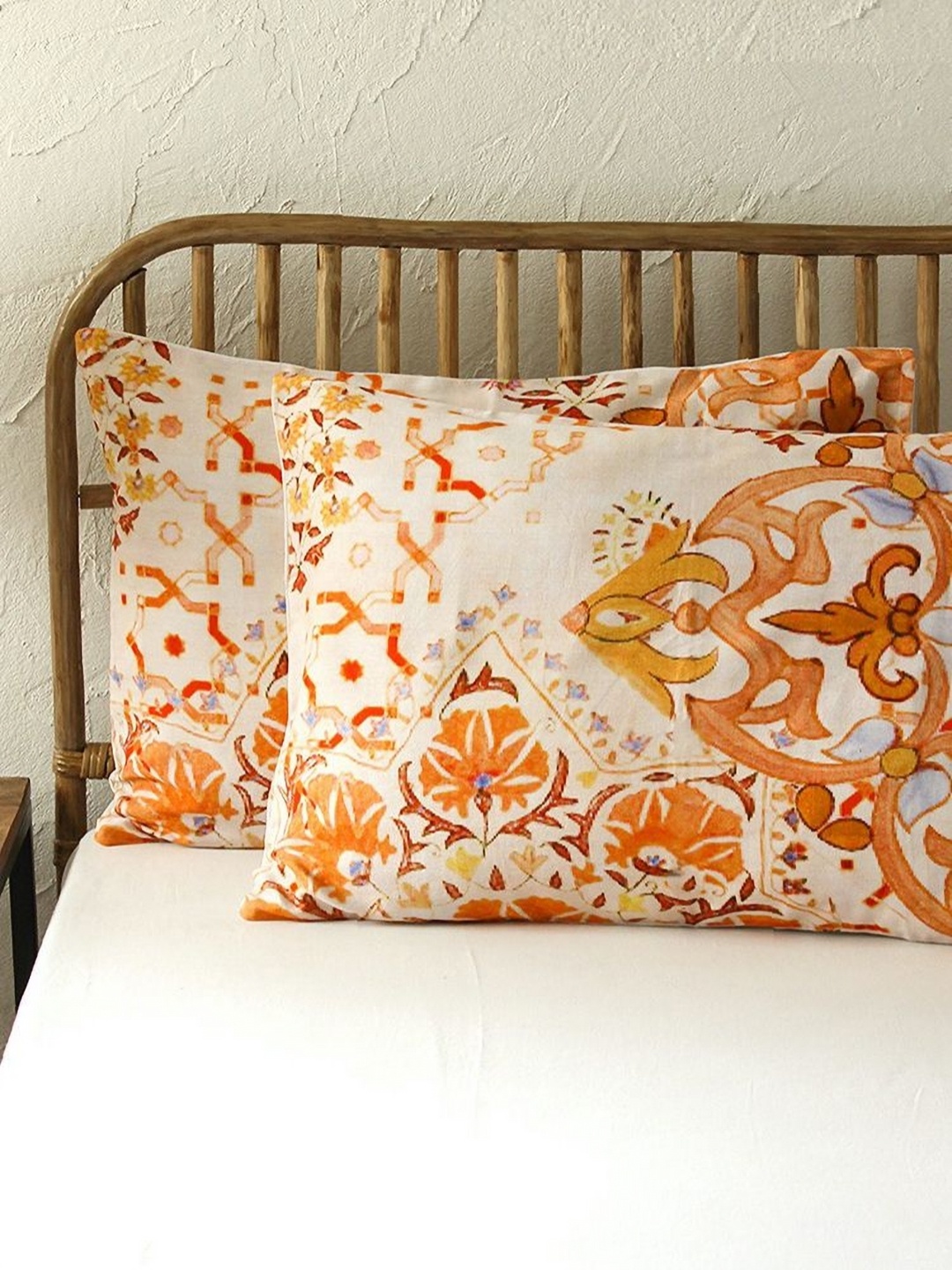 

HOMPRIN Orange-Coloured 2 Pieces Floral Printed Pure Cotton Rectangle Pillow Covers
