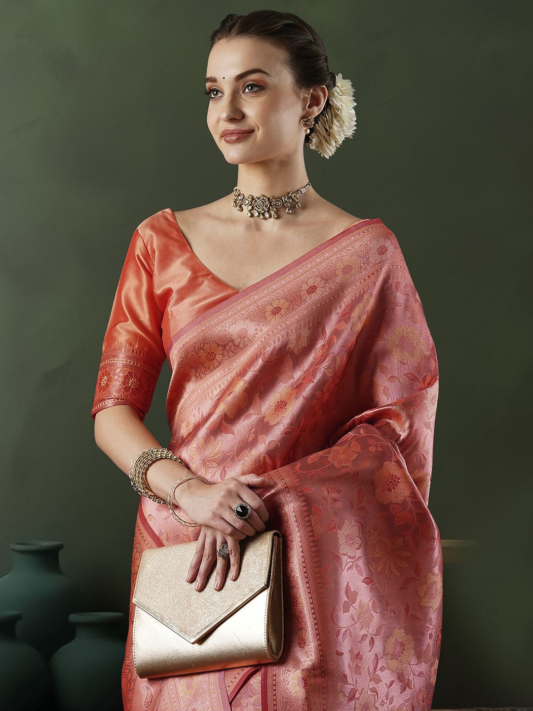 

Sangria Woven Designed Zari Banarasi Saree With Blouse, Peach