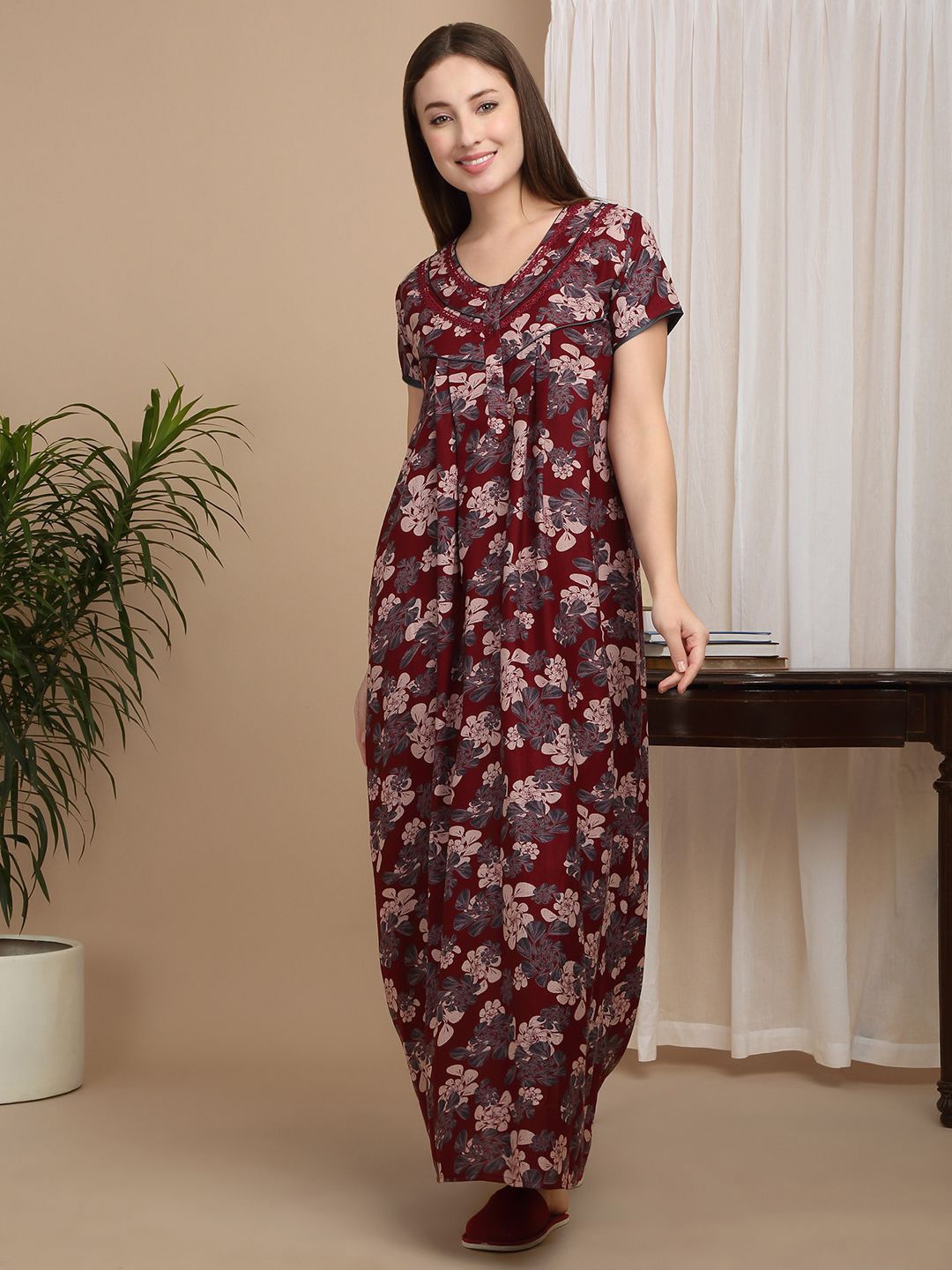 

Sweet Dreams Floral Printed Maxi Pure Cotton Nightdress, Maroon