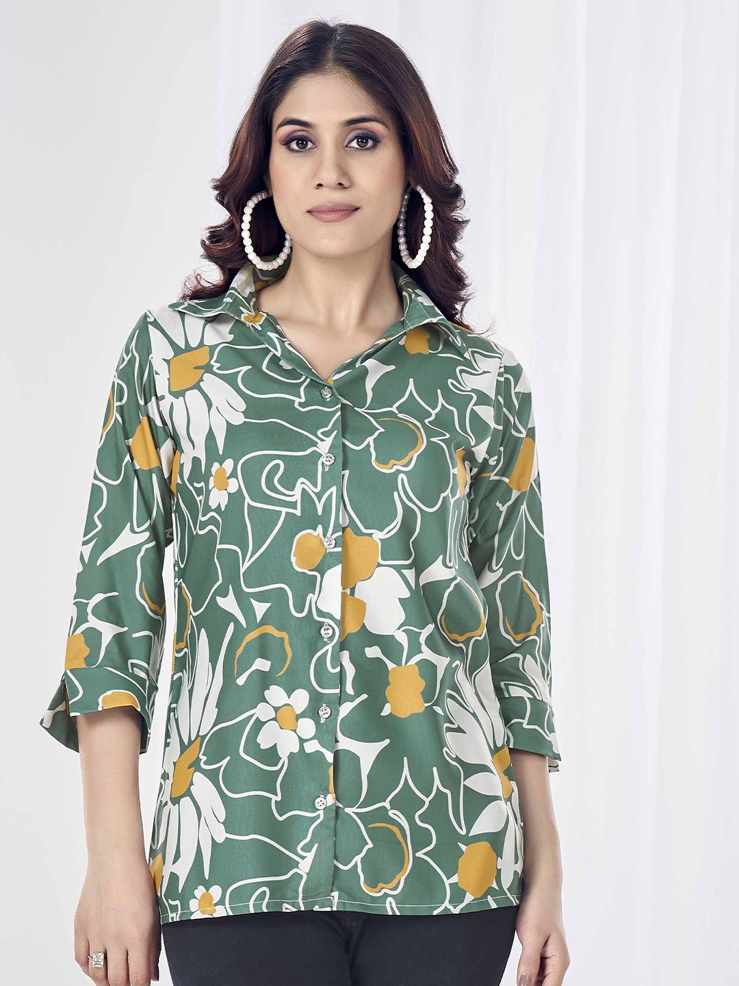 

SHOPGARB Women Relaxed Spread Collar Floral Printed Casual Shirt, Green