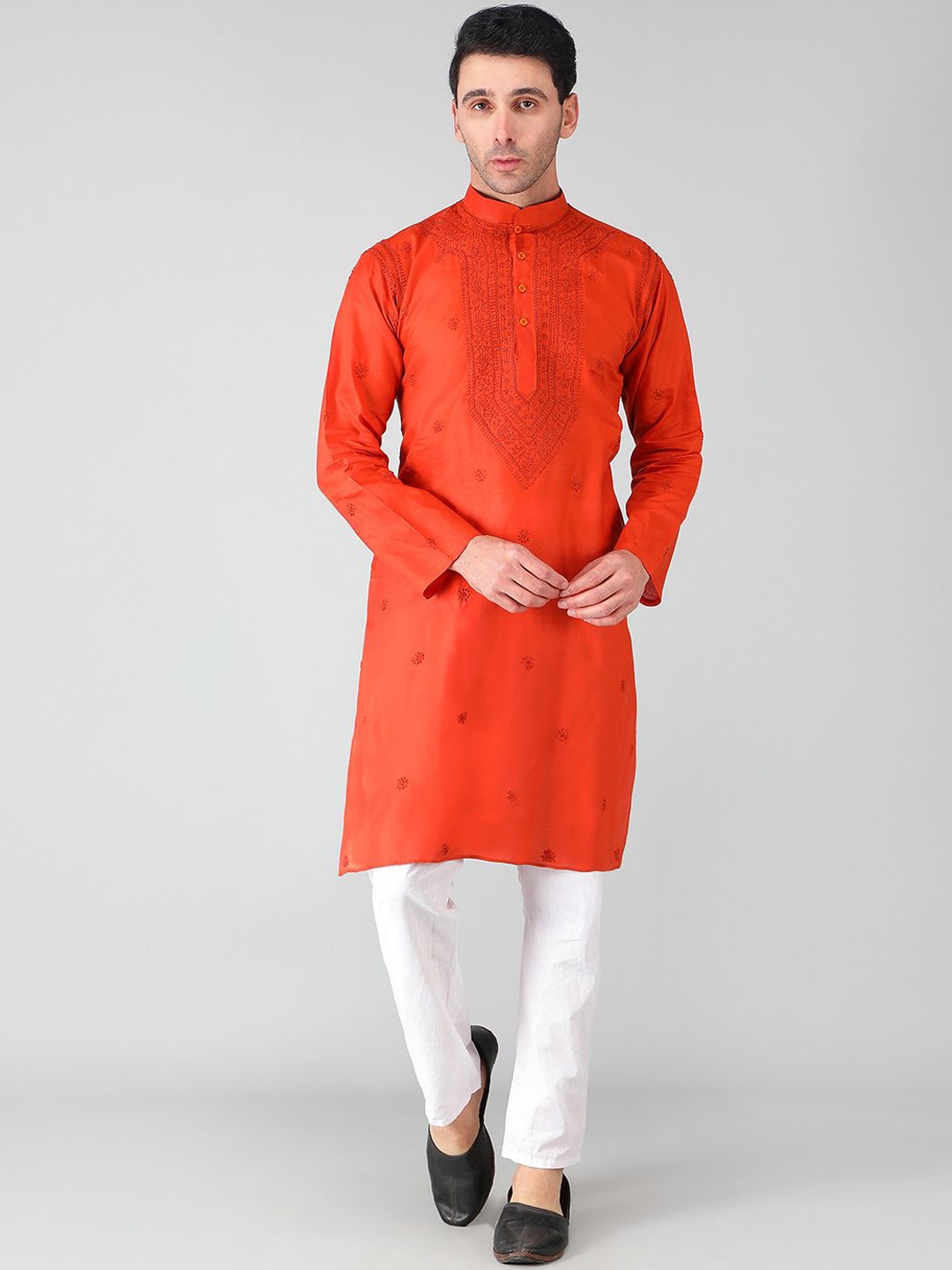 

Seva Chikan Floral Embroidered Mandarin Collar Long Sleeves Pure Cotton Straight Kurta, Rust