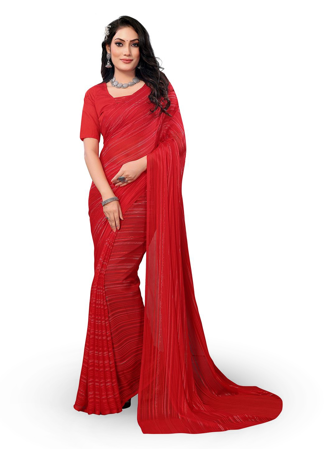 

Moda Rapido Striped Printed Satin Saree, Red