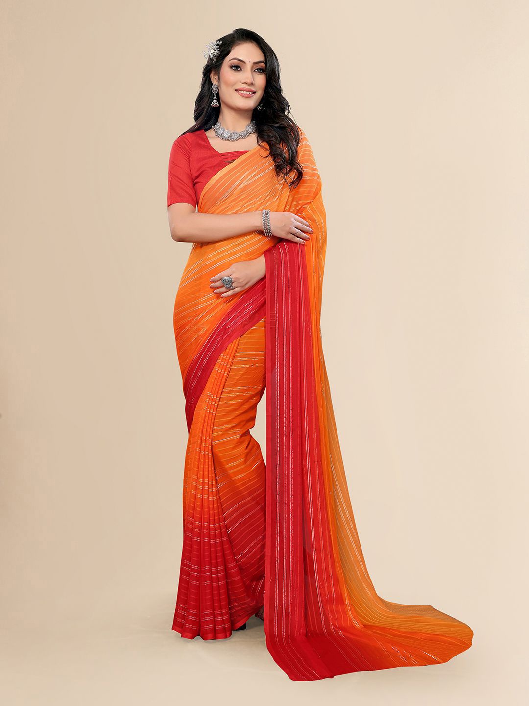 

Moda Rapido Striped Printed Satin Saree, Orange