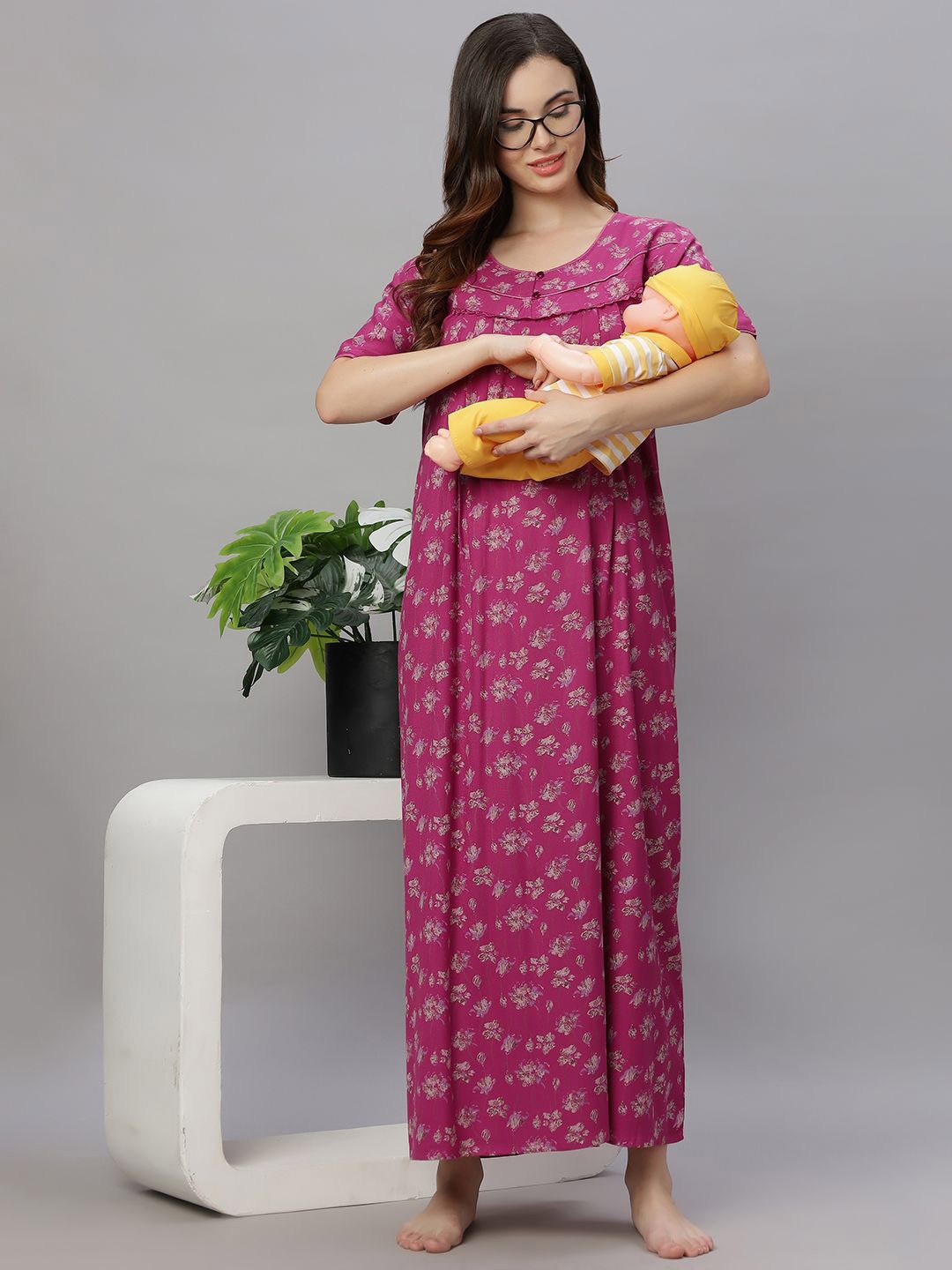 

QUIRA Women Printed Maxi Maternity Nightdress, Pink