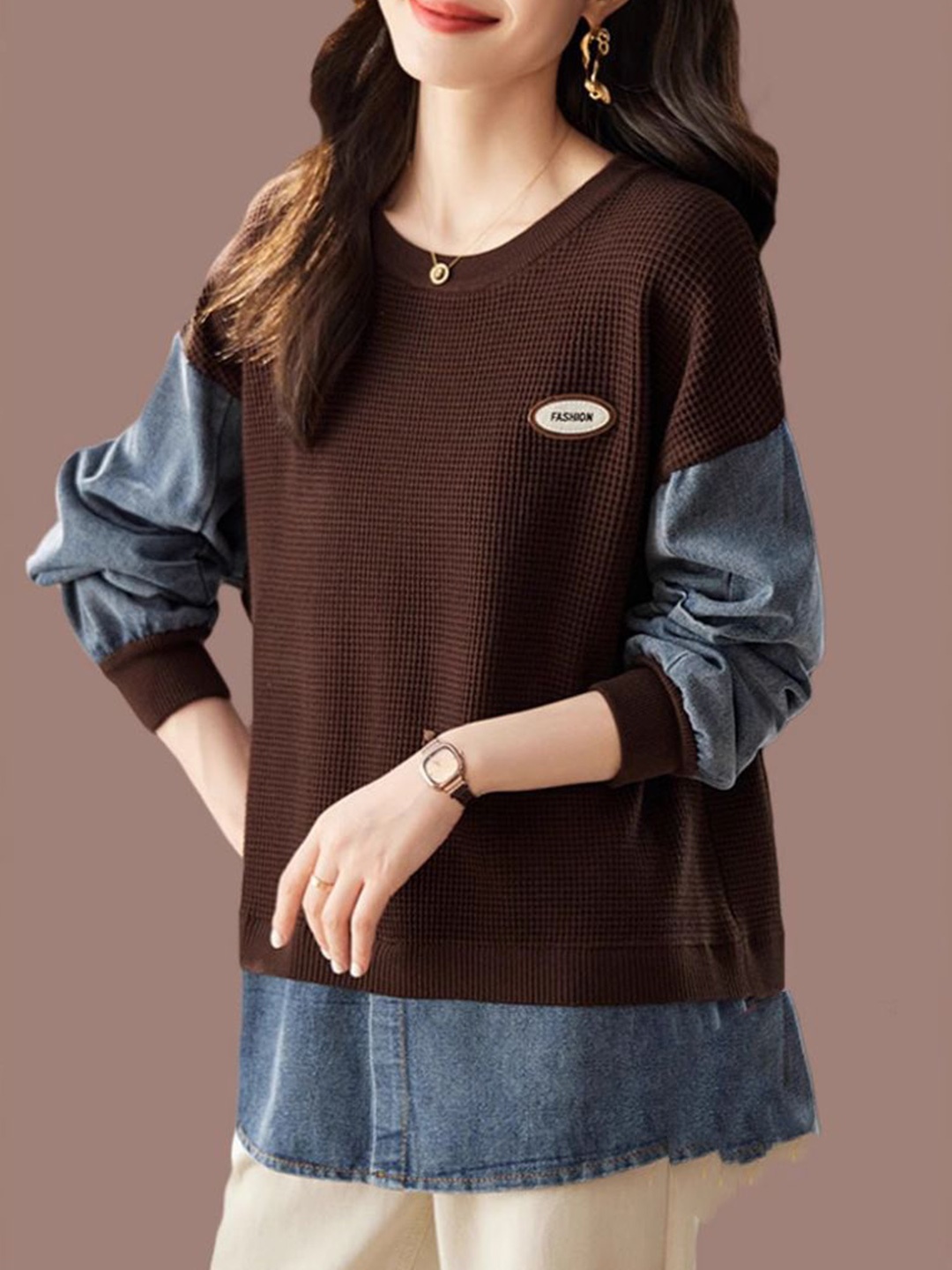 

StyleCast Women Cable Knit Round Neck Pullover Sweater, Coffee brown