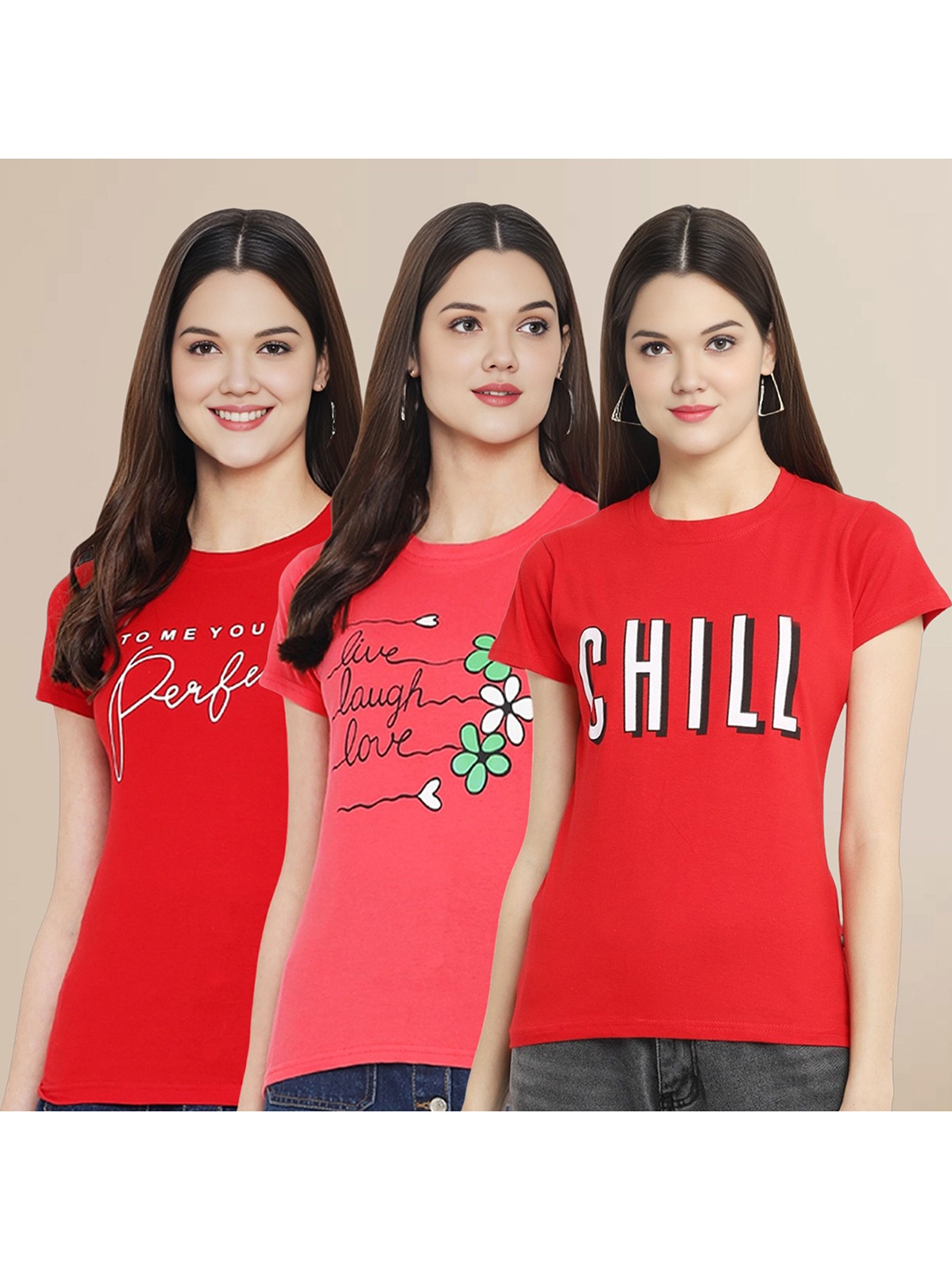 

Metronaut Women Pack Of 3 Typography Printed Round Neck Cotton T-shirts, Red
