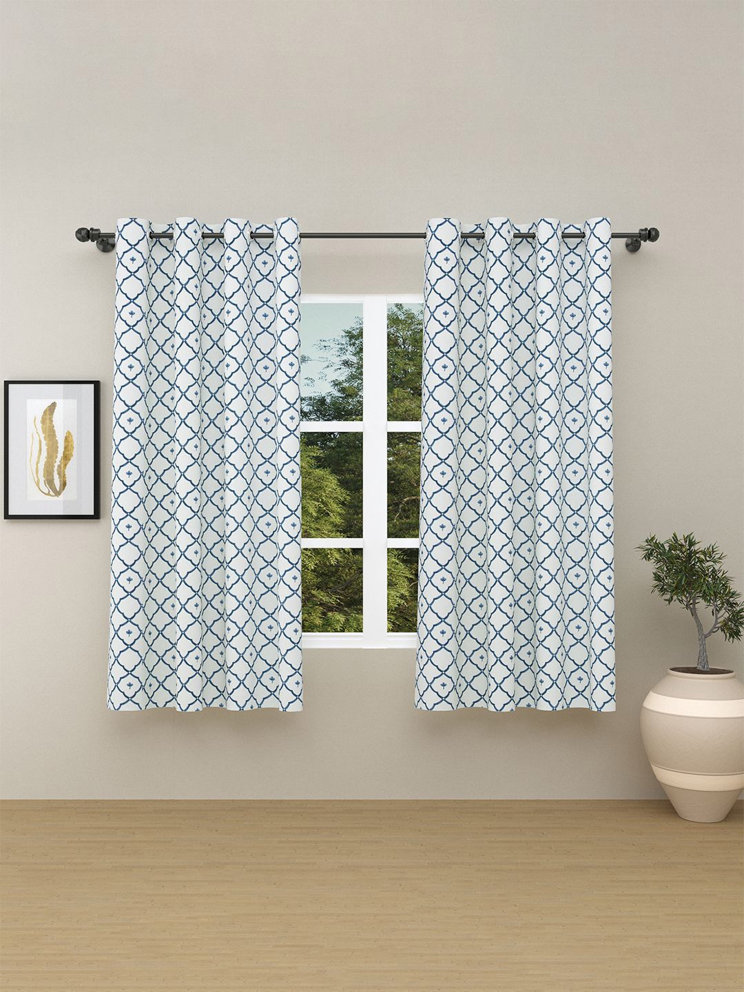 

haus & kinder White & Blue 2 Pieces Geometric Pure Cotton Room Darkening Window Curtains