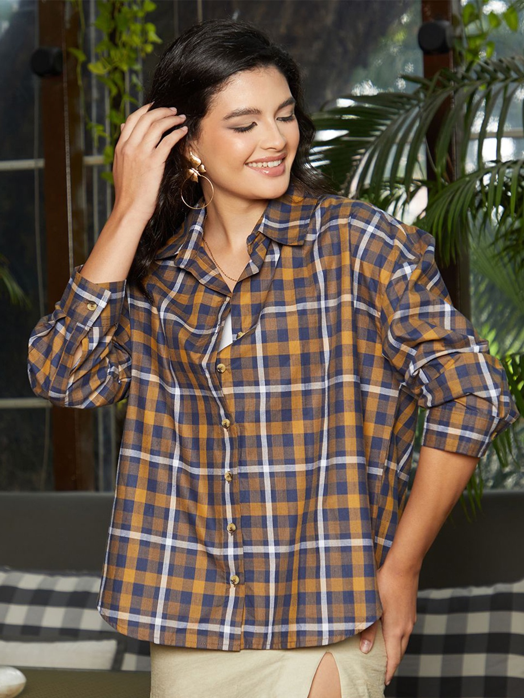 

Campus Sutra Women Comfort Spread Collar Micro Checked Cotton Oversized Casual Shirt, Mustard