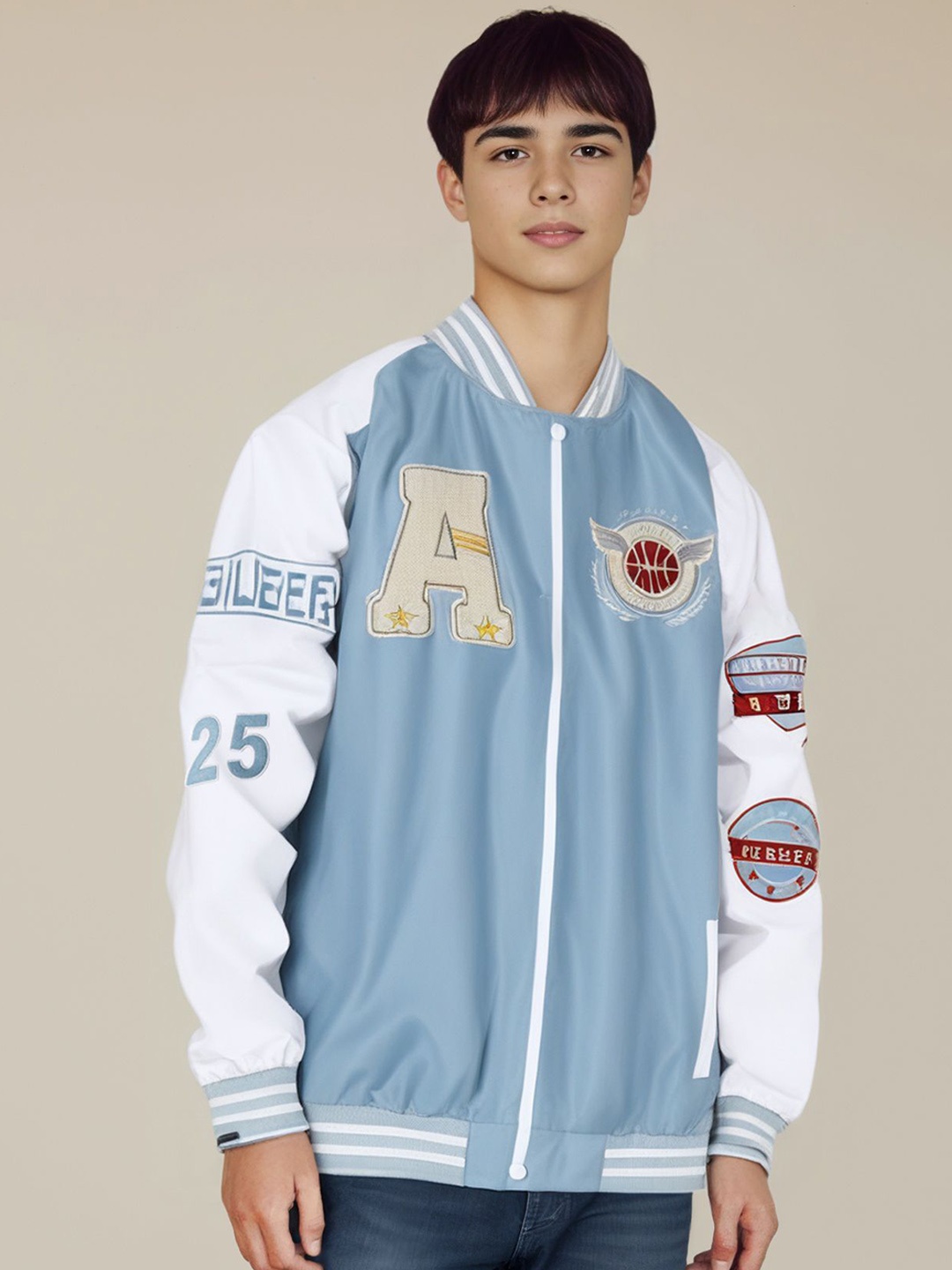 

StyleCast x Revolte Men Stand Collar Graphic Printed Casual Varsity Jacket, Blue