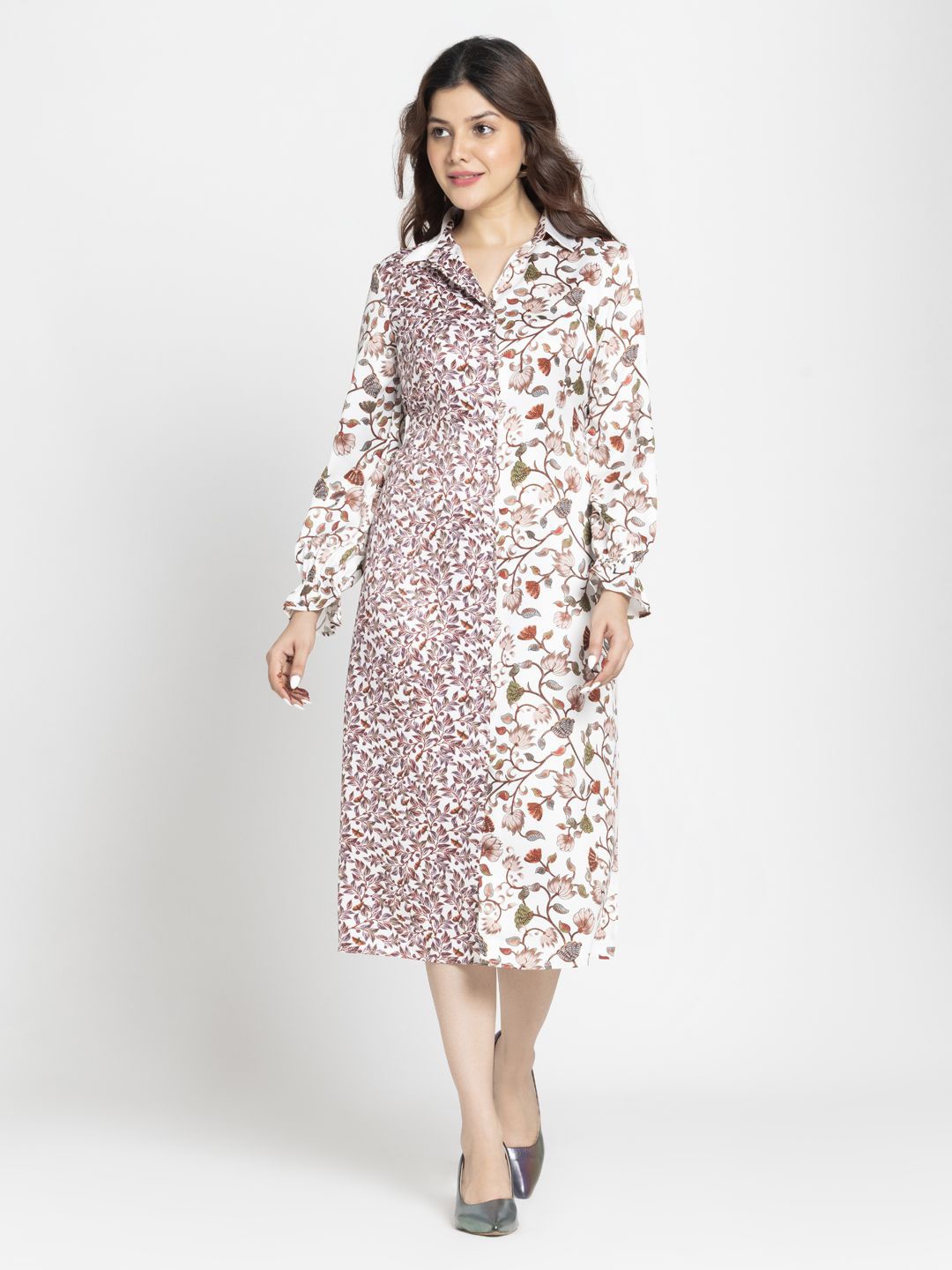 

SHAYE Women Floral Print Satin Shirt Midi Dress, White