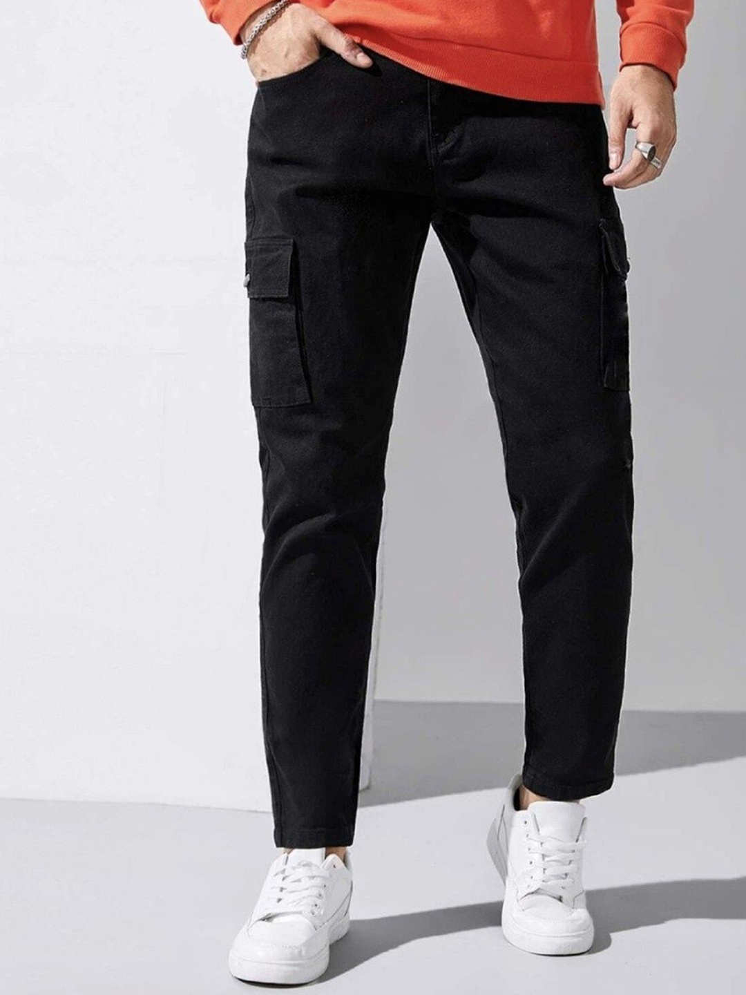 

MASTERLY WEFT Men Super Slim Fit Stretchable Cotton Cargo Jeans, Black