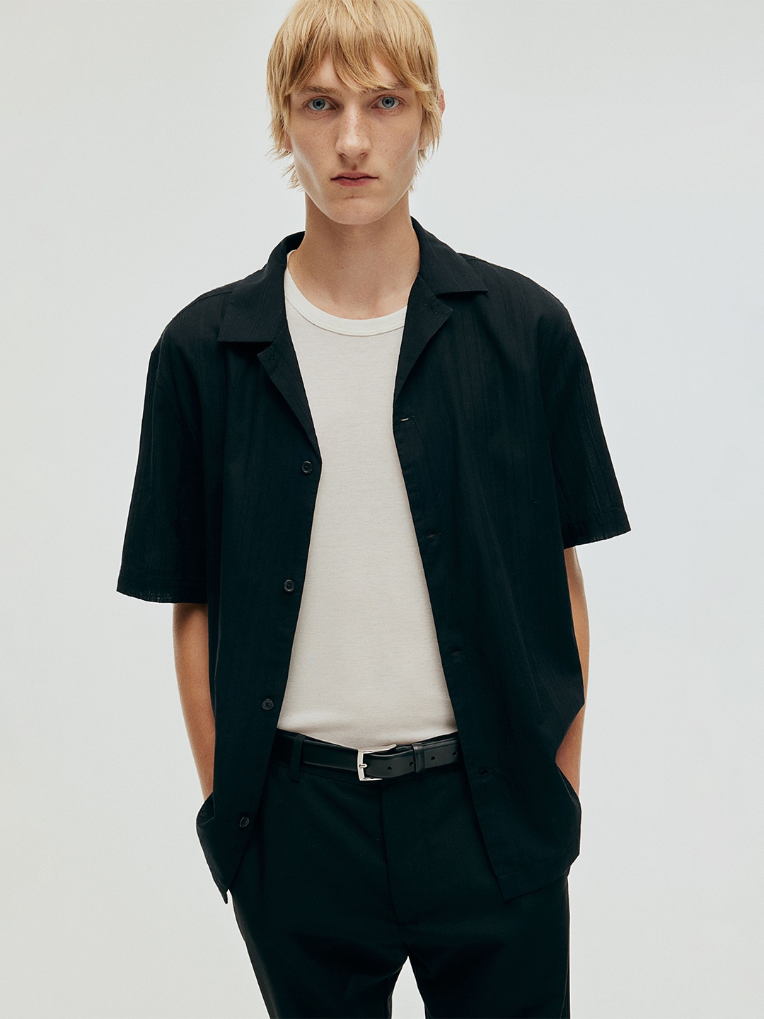 

H&M Textured-Weave Resort Shirt, Black