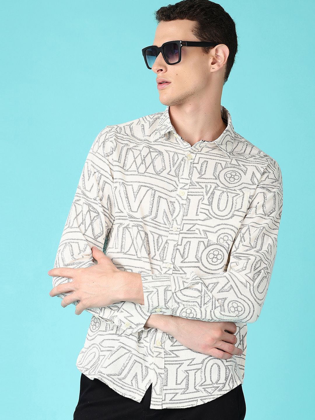 

V-Mart Men Spread Collar Typography Printed Cotton Casual Shirt, Off white