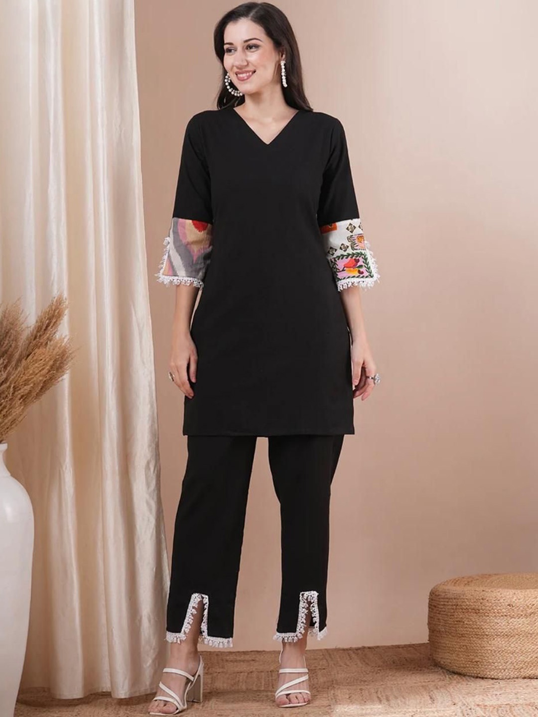 

Coordnord V-Neck Pure Cotton Kurta with Palazzos, Black