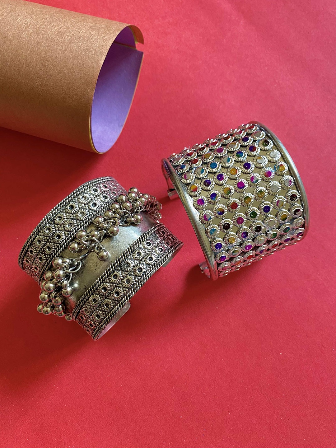 

ATIBELLE Set of 2 German Silver-Plated Stone-Studded & Beaded Bangles