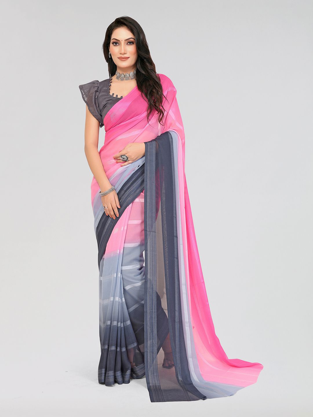

Moda Rapido Striped Satin Saree with Blouse Piece, Pink