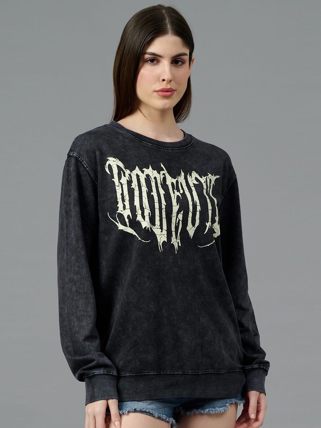 

GO DEVIL Women Brand Logo Printed Woollen Oversized Round Neck Sweatshirt, Black
