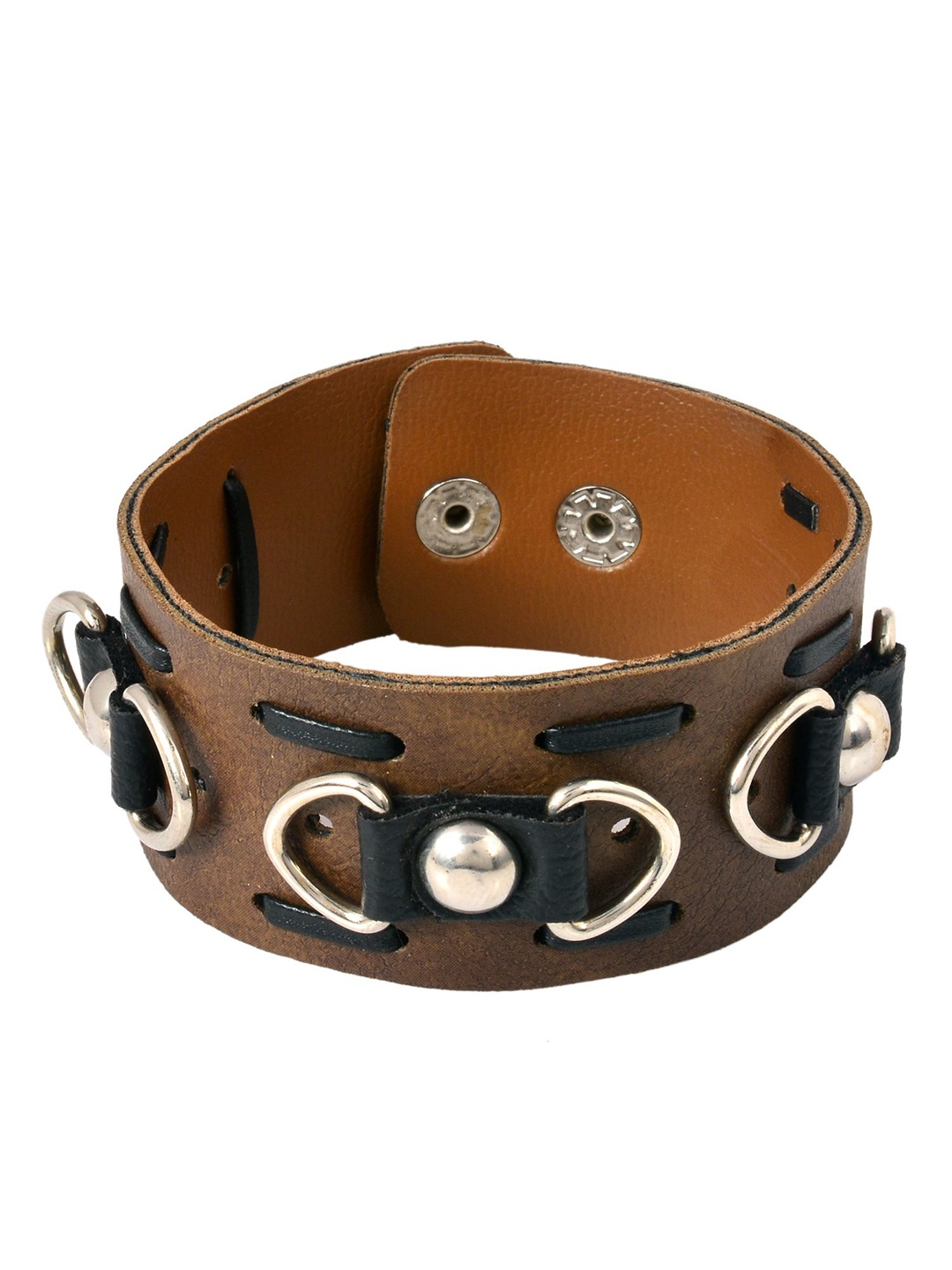 

MEMOIR Men Leather Rhodium-Plated Link & Stud Bracelet, Silver