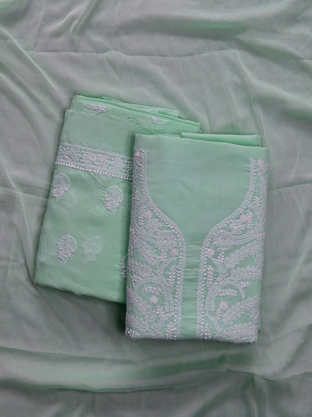 

Seva Chikan Floral Lucknowi Chikankari Embroidered Unstitched Dress Material, Sea green