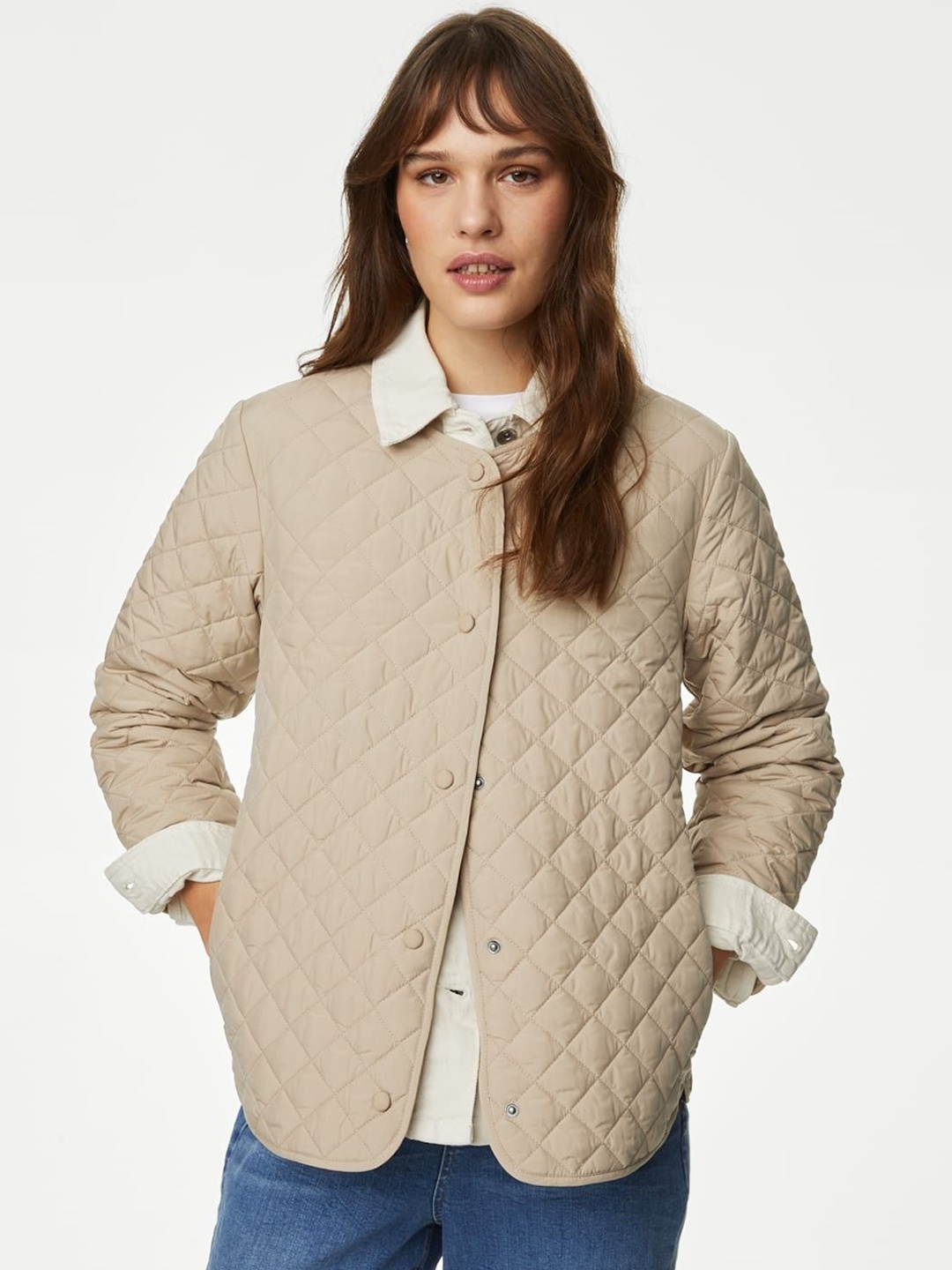 

Marks & Spencer Women Spread Collar Solid Casual Quilted Jacket, Beige