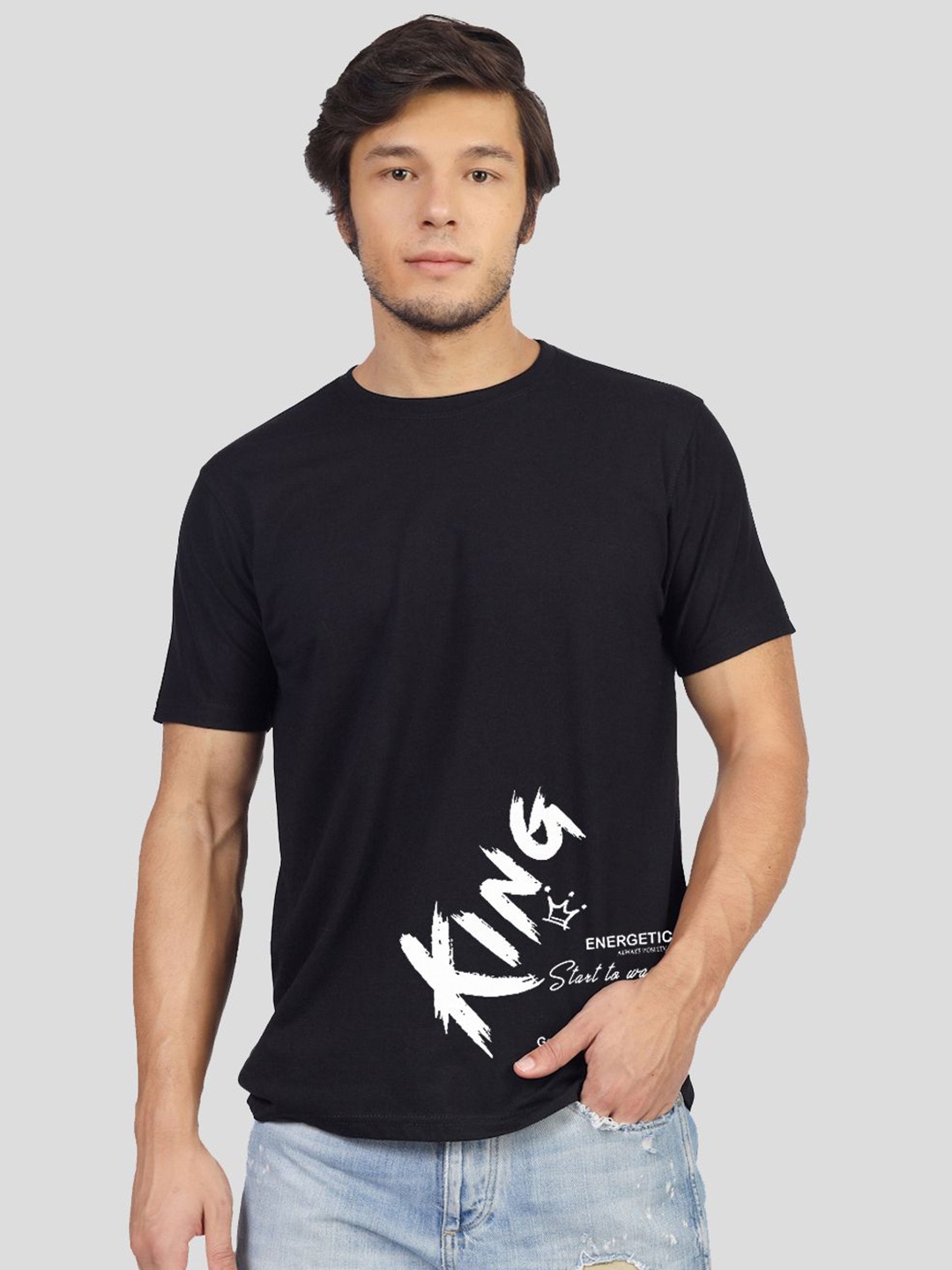 

Greylongg Men Typography Printed Round Neck Cotton T-shirt, Black