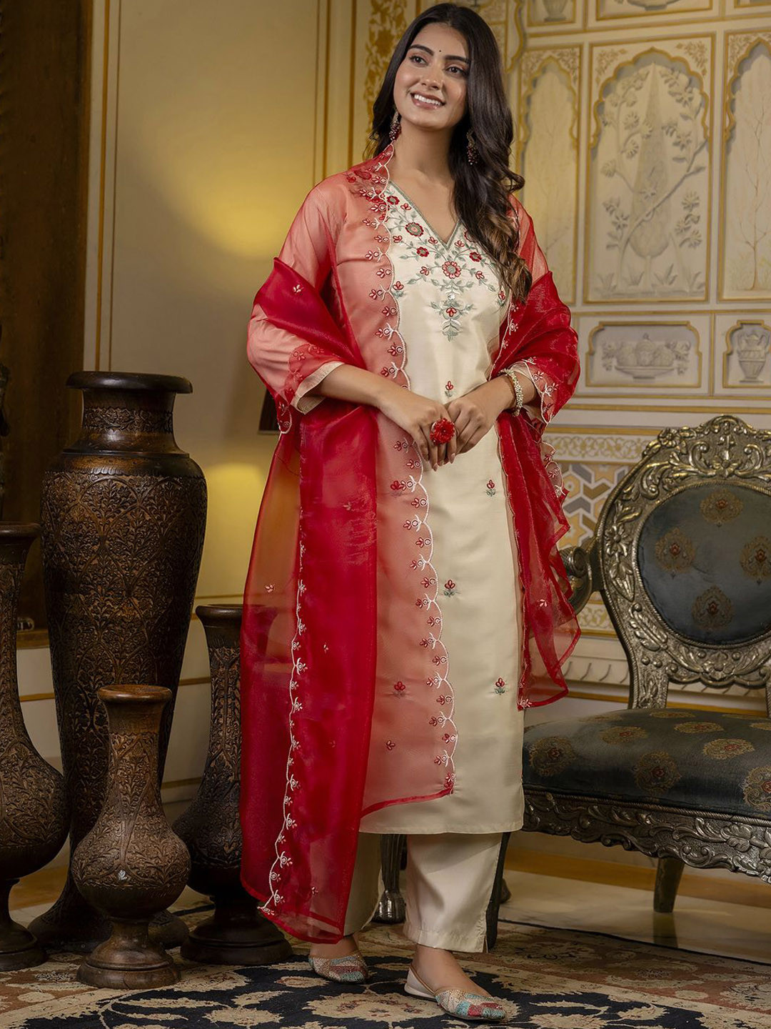 

VredeVogel Floral Embroidered V-Neck Regular Straight Kurta With Trouser With Dupatta, Beige
