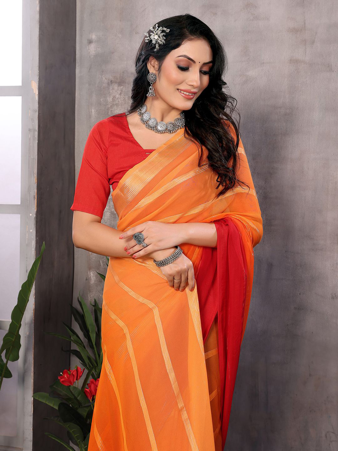 

Moda Rapido Striped Satin Saree, Red
