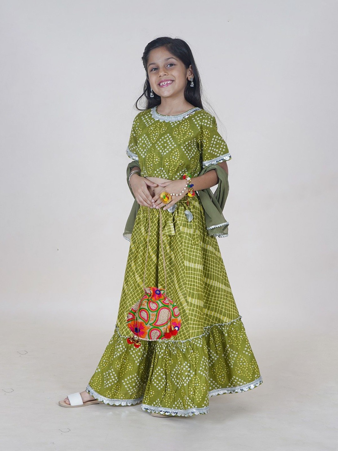 

KiddoPanti Girls Bandhani Printed Ready to Wear Lehenga & Blouse With Dupatta, Green