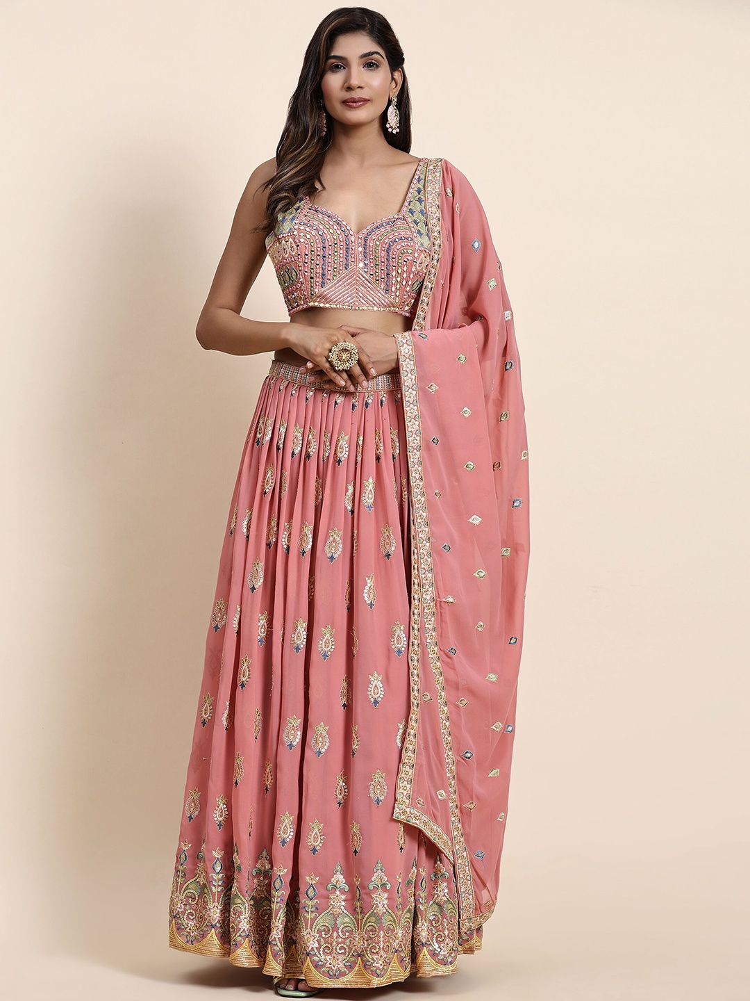 

VANAKARA Embroidered Sequinned Ready to Wear Lehenga & Blouse With Dupatta, Pink