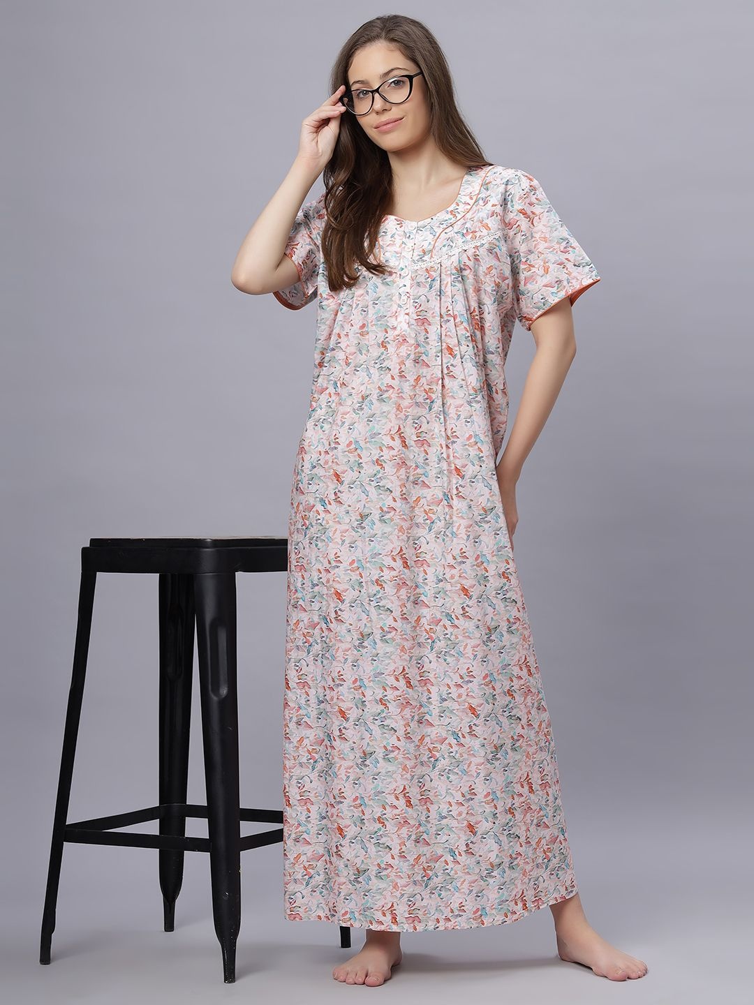 

QUIRA Women Floral Printed Maxi Nightdress, White