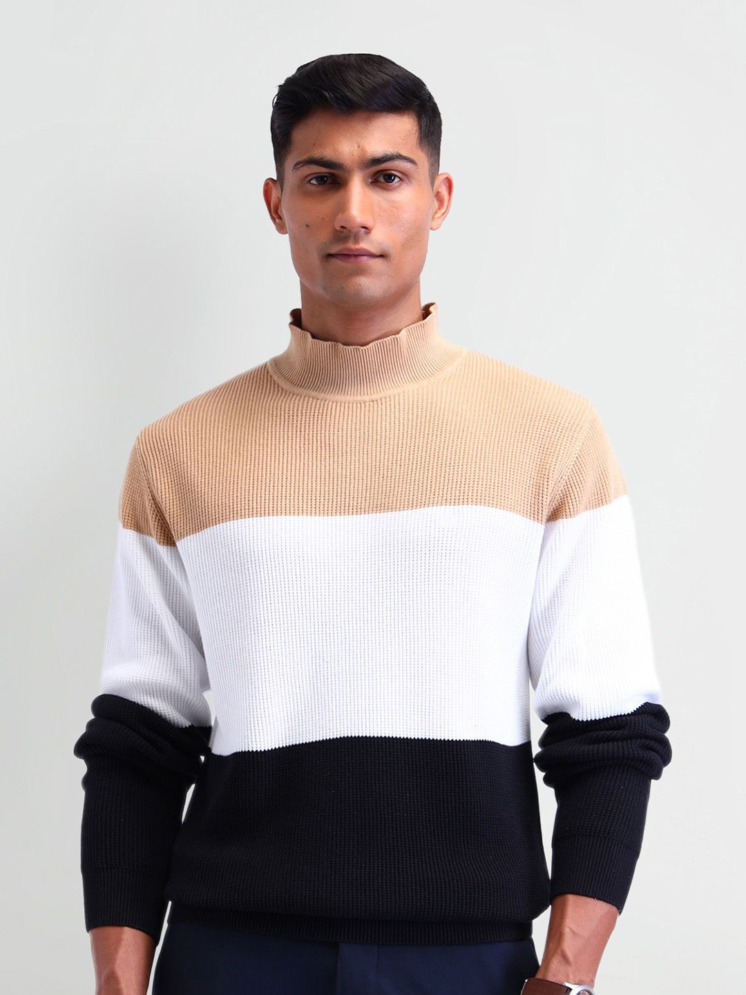 

Arrow Men Colourblocked Long Sleeves Mock Collar Sweaters, Beige