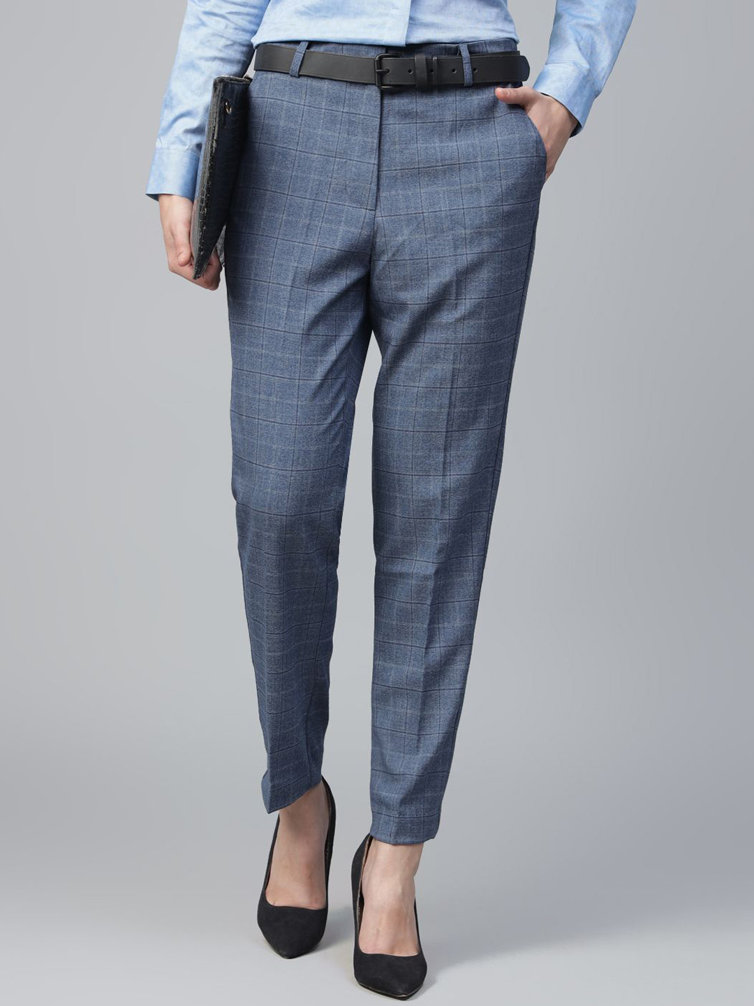 

English Navy Women Checked Smart Slim Fit High-Rise Trousers, Navy blue