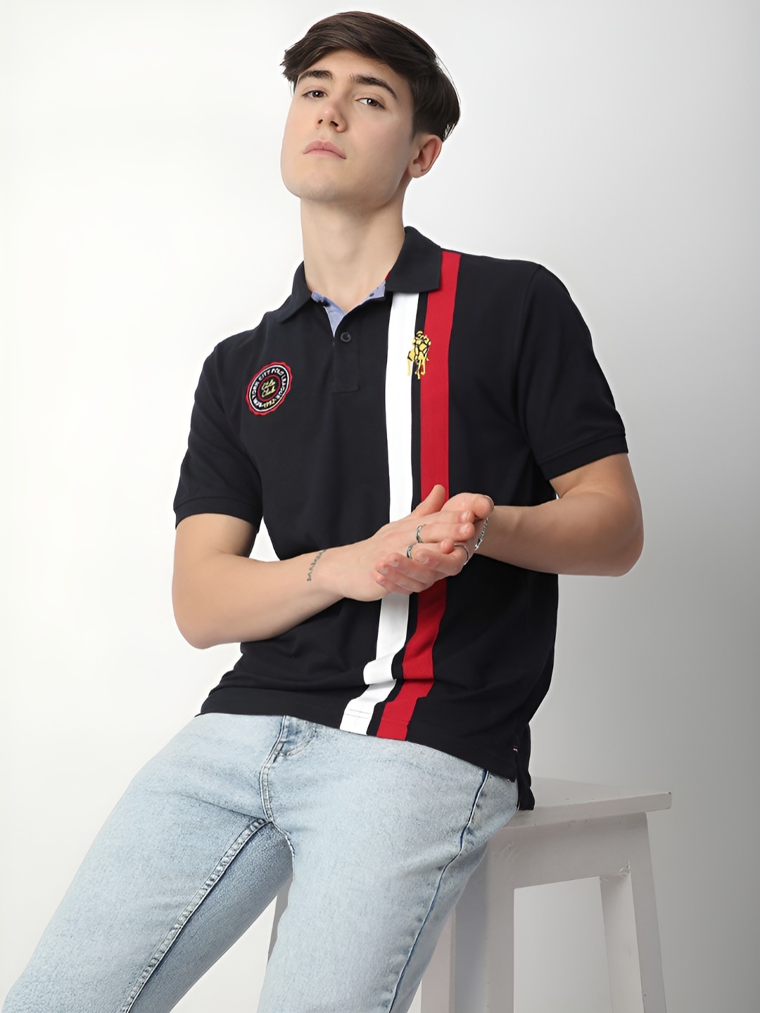 

R&B Men Typography Polo Collar Applique T-shirt, Blue