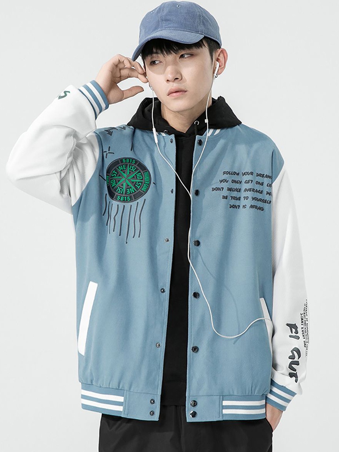 

StyleCast x Revolte Men Hooded Typography Printed Casual Bomber Jacket, Blue