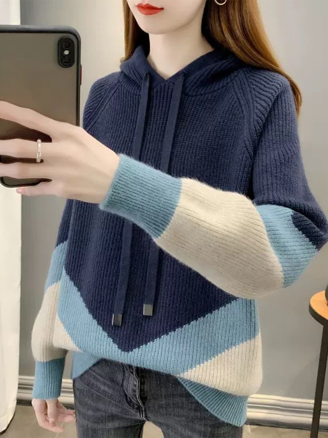 

StyleCast Women Colourblocked Hooded Pullover Sweater, Navy blue