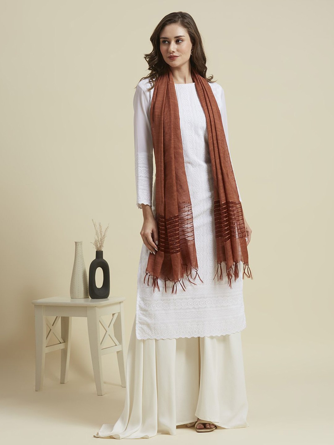 

Dupatta Bazaar Women Woven Design Stole with Sequins Border, Brown