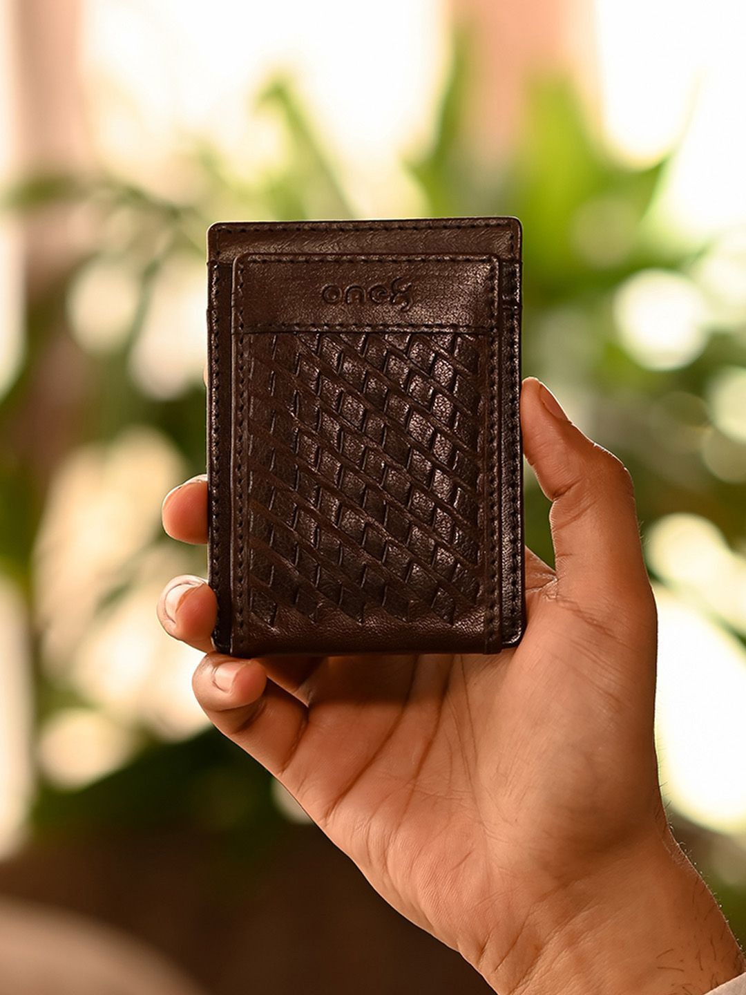 

One8 Men Textured Leather RFID Card Holder, Brown