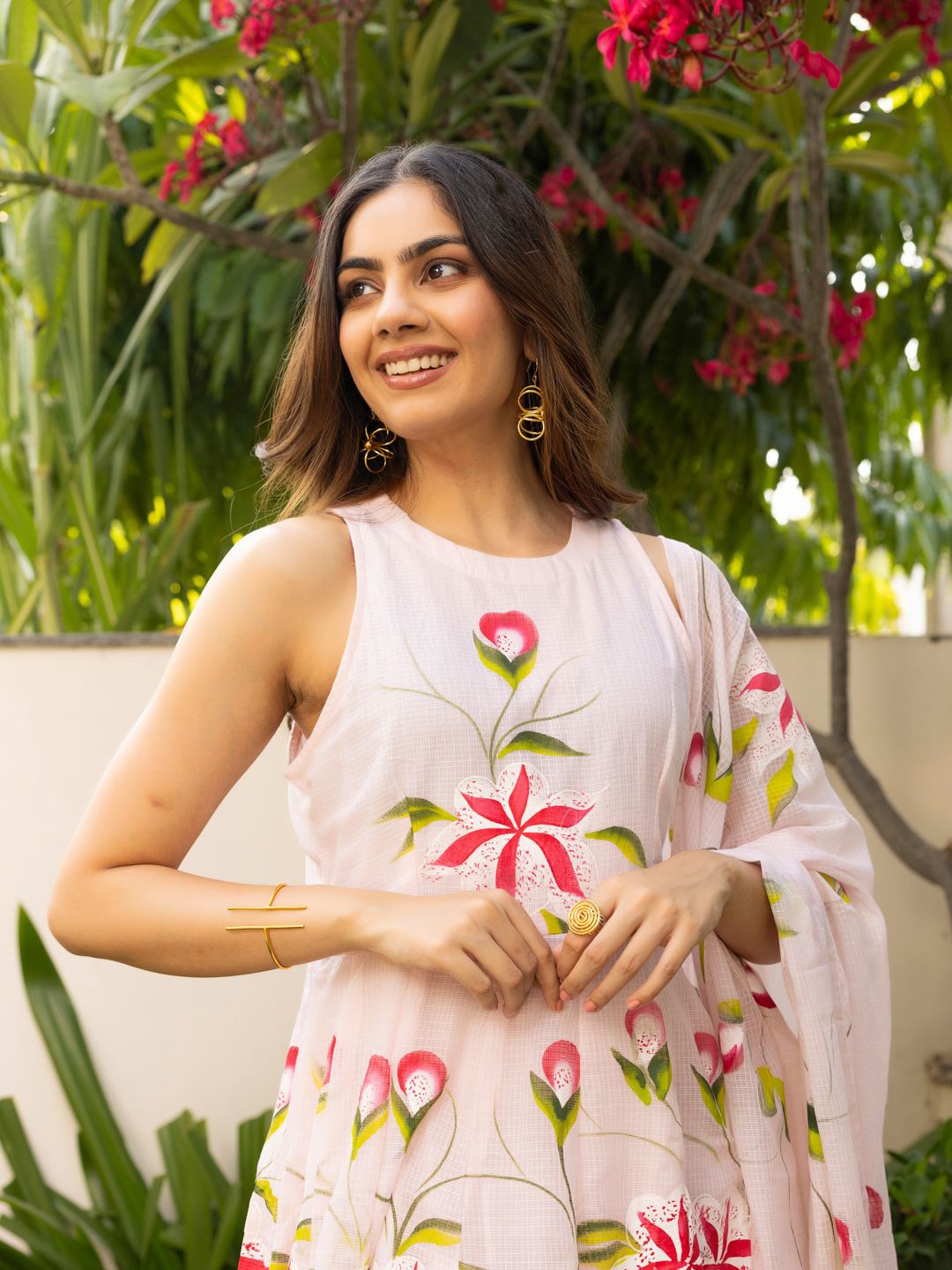 

Ambraee Floral Printed Panelled Anarkali Kurta With Trouser & Dupatta, Pink
