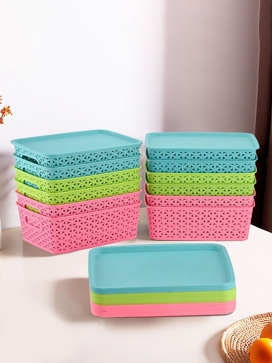 

Kuber Industries Green & Blue 12 Pieces Checked Reusable Tote Basket Organisers