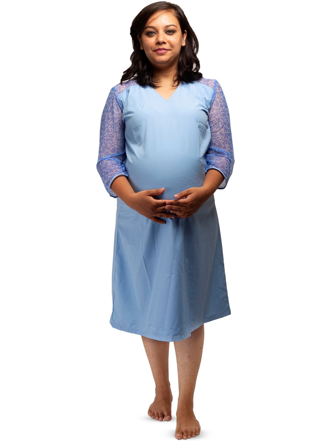 

Uzazi Women V-Neck Cotton Maternity A-Line Knee Length Dress, Blue