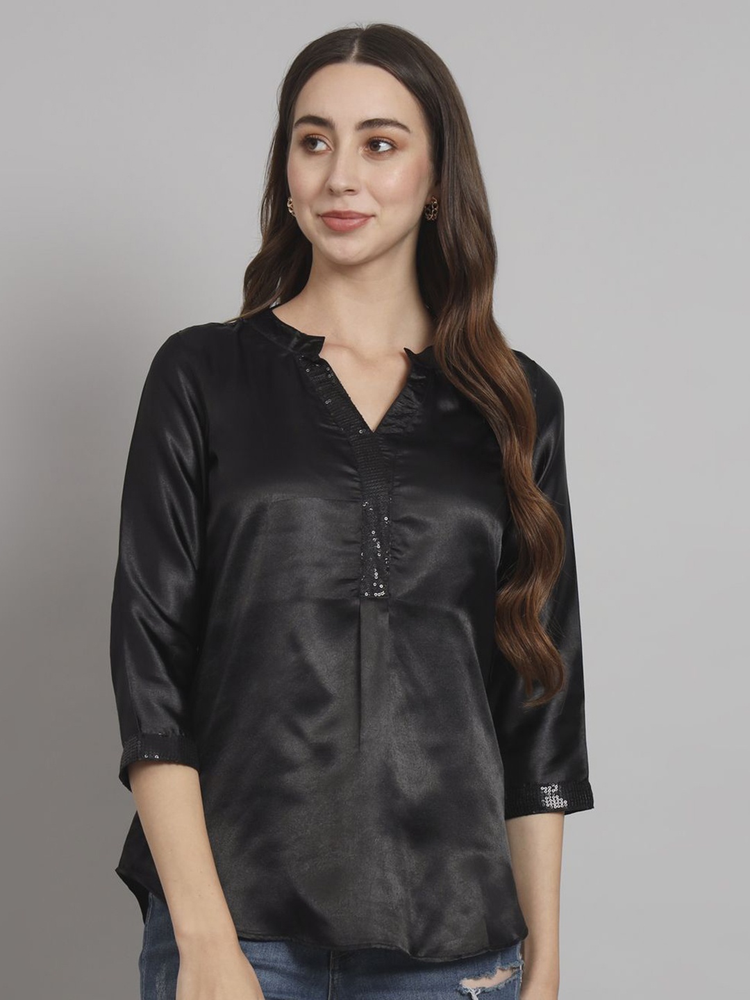 

Curvydrobe Women Mandarin Collar Satin Top, Black