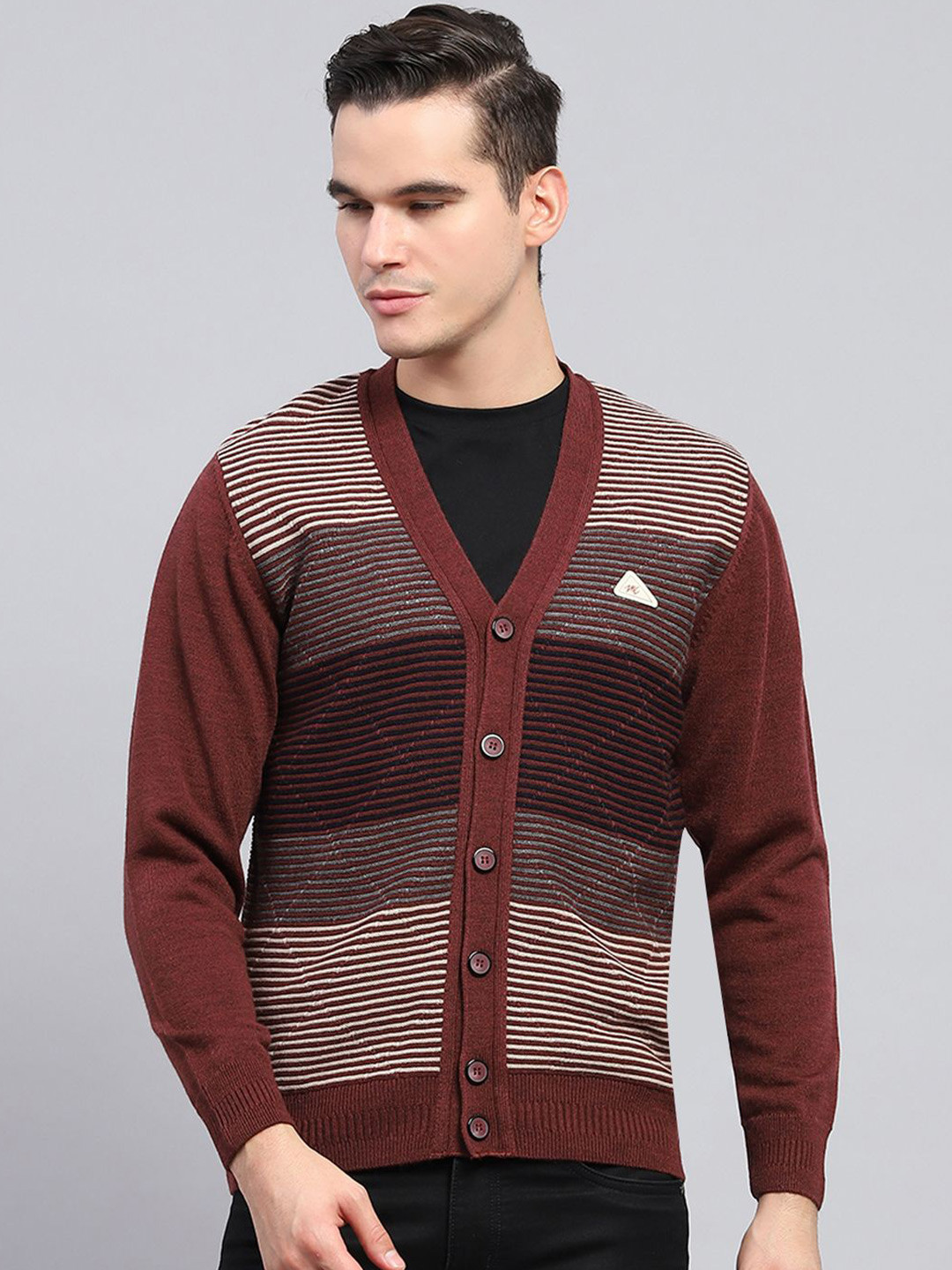 

Monte Carlo Men Striped Woollen Cardigan, Maroon