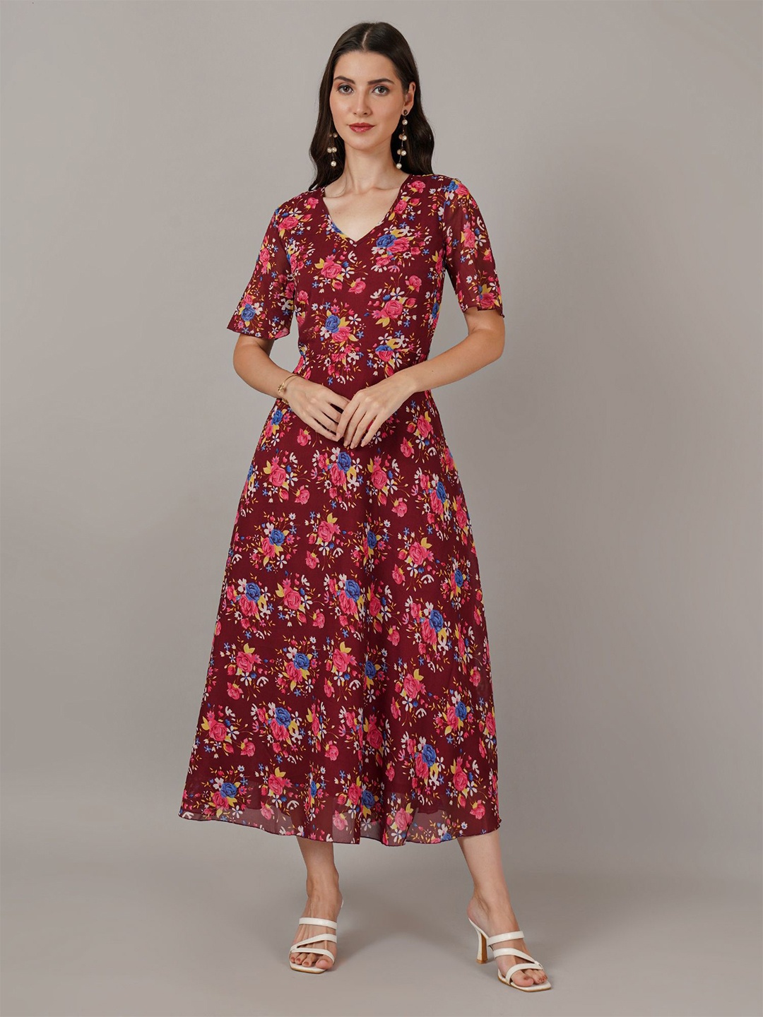 

Curvydrobe Floral Print Flared Sleeve Georgette Midi Dress, Brown