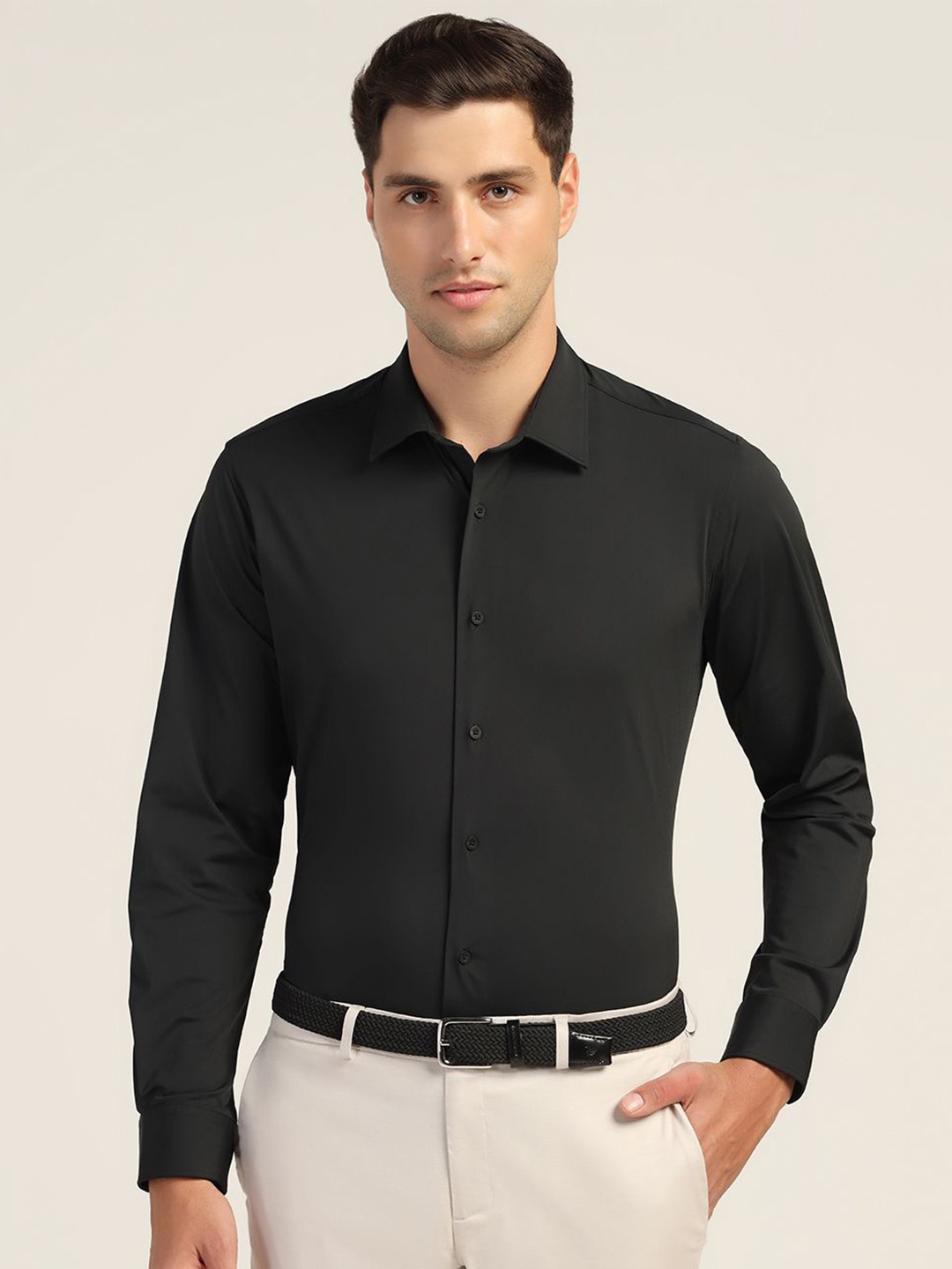 

Blackberrys Men India Slim Spread Collar Solid Slim Fit Formal Shirt, Black