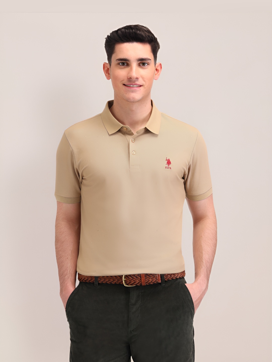 

U.S. Polo Assn. Men Solid Polo Collar Cotton Slim Fit T-shirt, Beige